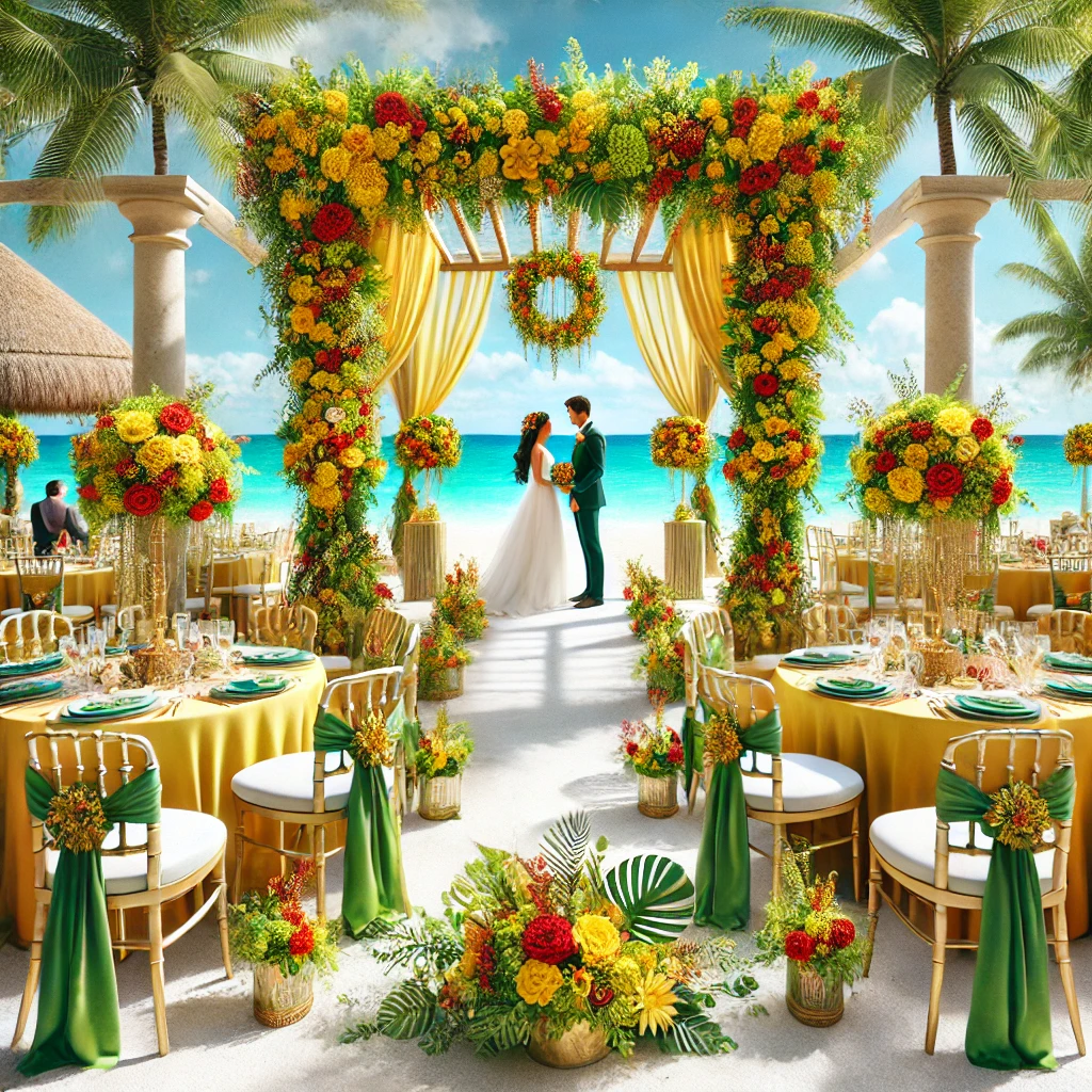 DALL·E 2024-11-17 15.04.25 - A luxurious wedding scene set in the Caribbean, featuring a vibrant yellow, green, and red color scheme. The setting is an elegant outdoor venue on a